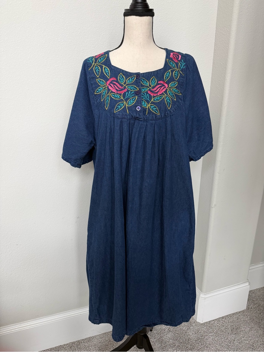 Vintage Naqui New York Denim Embroidered Floral Midi Dress